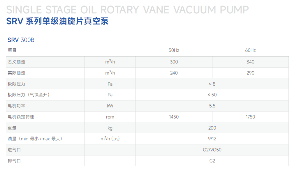 鲍斯SRV300B单级油旋片真空泵主要性能指标
