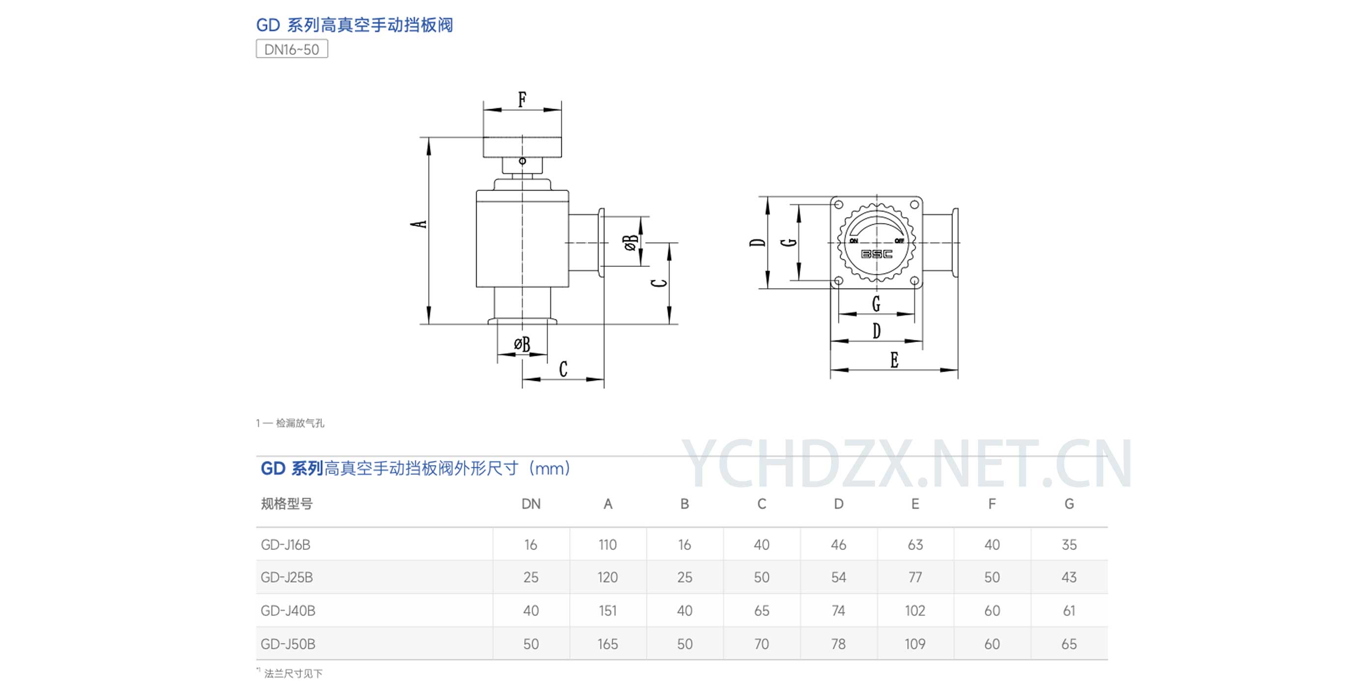 鲍斯高真空阀GD手动挡板阀GD-J16B安装尺寸图